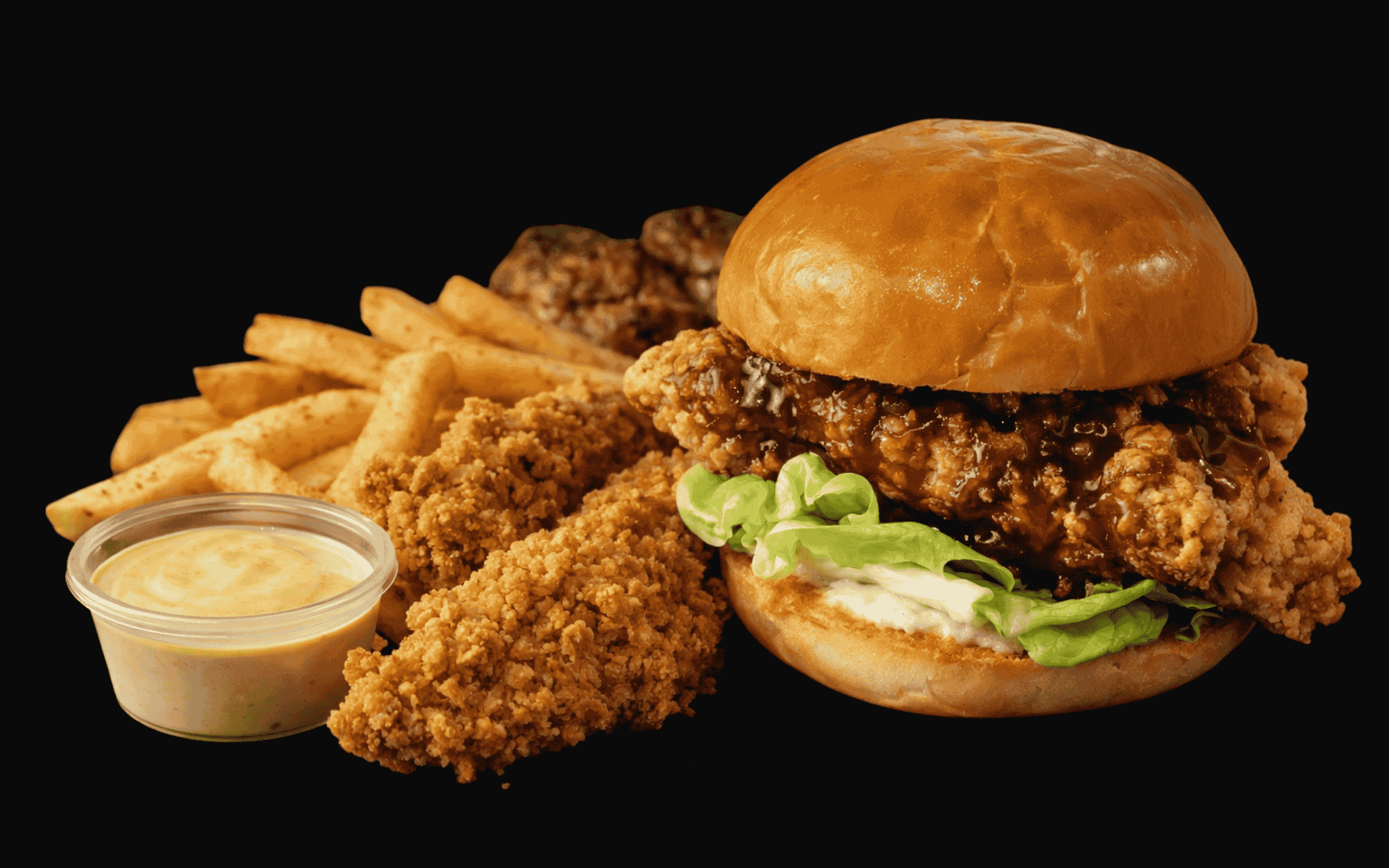 Good Bird Kitchen hero image with free-range chicken burger, tenders, fries and sauce
