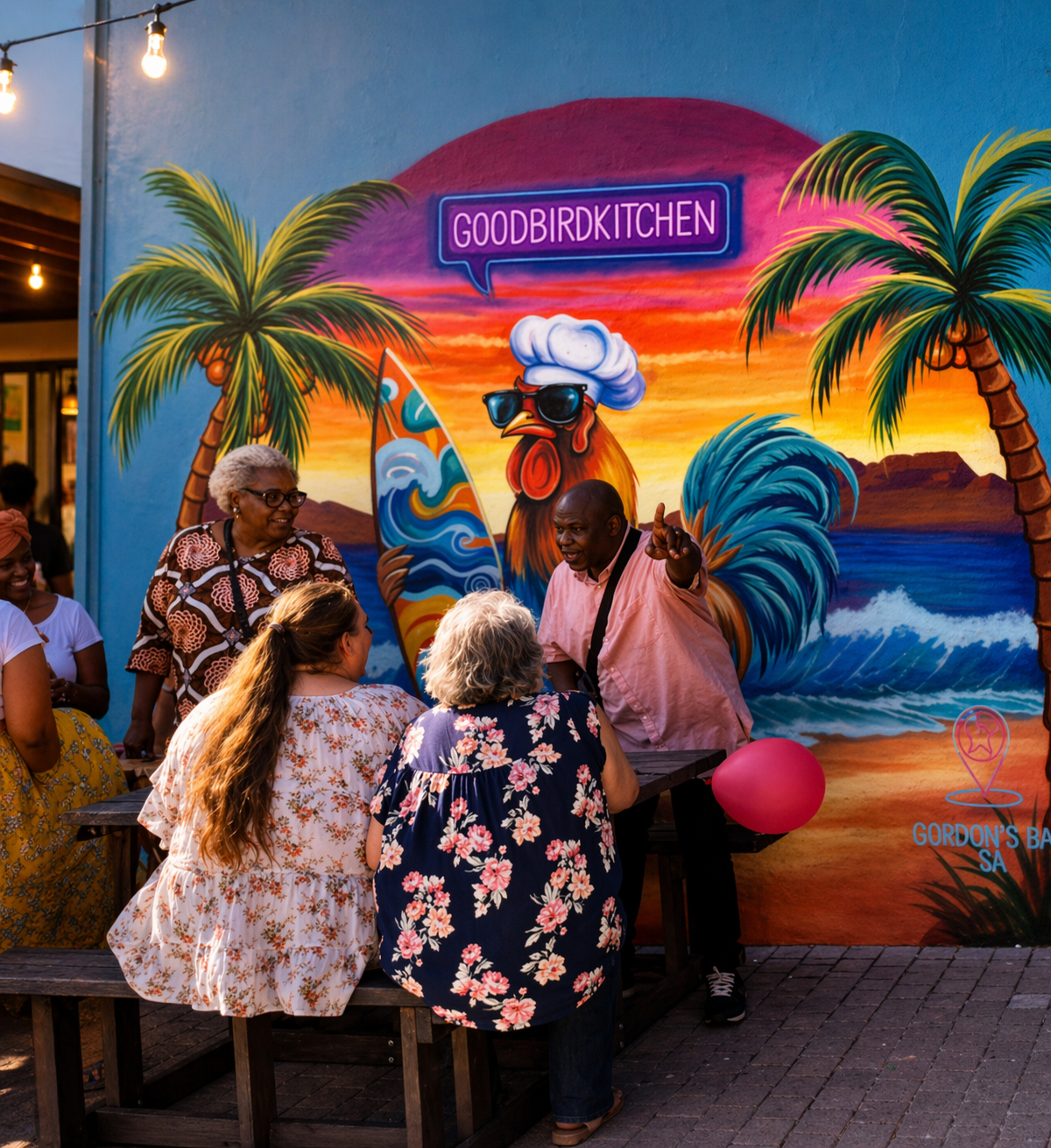 Customers gathered at Good Bird Kitchen in Gordon’s Bay