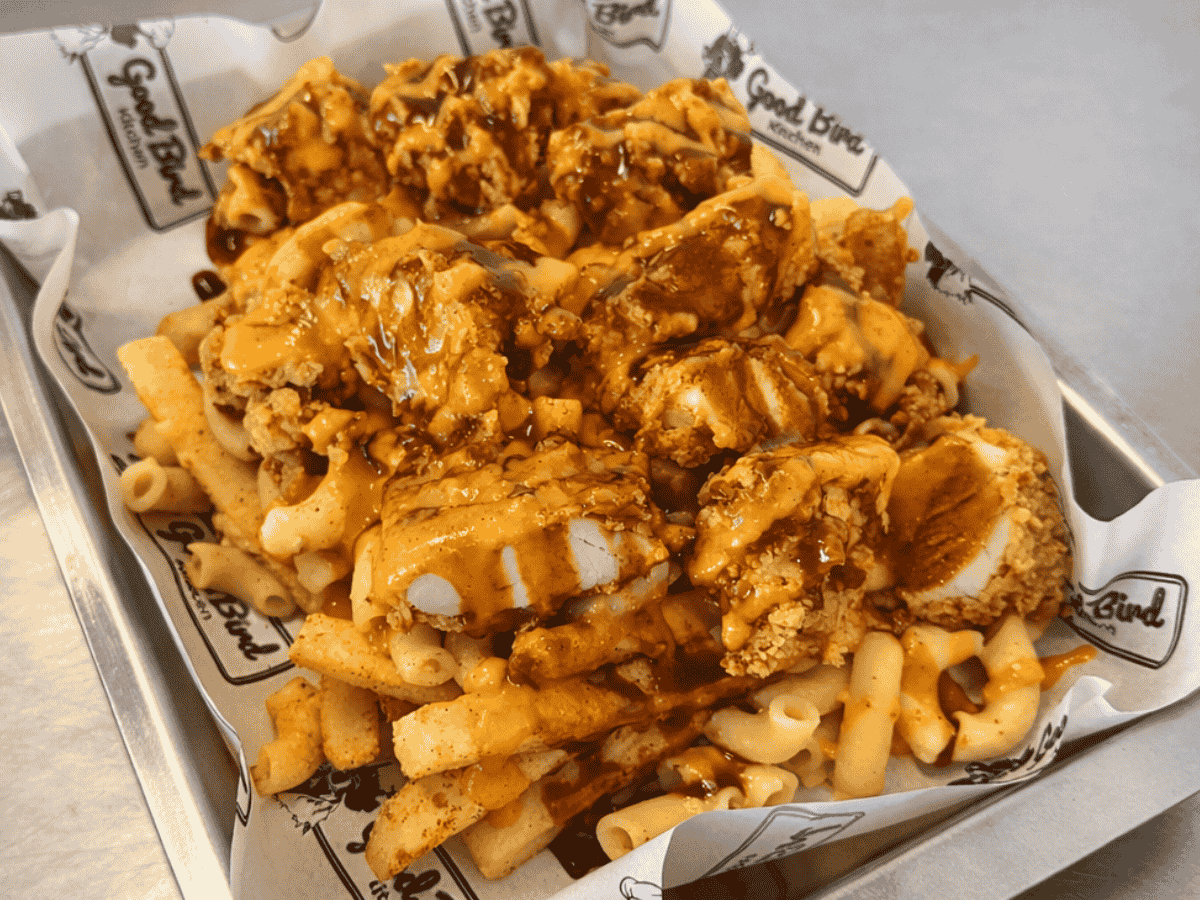 IYKYK Loaded Meal from Good Bird Kitchen with fries, mac and cheese, tenders and sauces