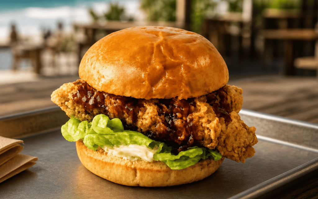 Good Bird Kitchen burger on a table in Gordon’s Bay